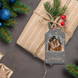 Moderne Winter Sneeuwvlokken Foto Grijze Kerstmis Cadeaulabel