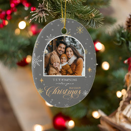 Moderne Winter Sneeuwvlokken Foto Grijze Kerstmis Keramisch Ornament