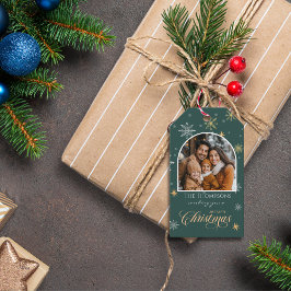 Moderne Winter Sneeuwvlokken Foto Groene Kerstmis Cadeaulabel