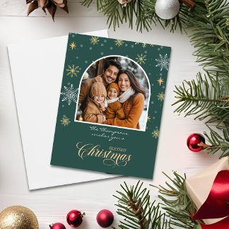 Moderne Winter Sneeuwvlokken Foto Groene Kerstmis Kaart