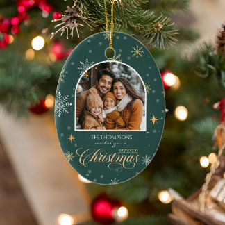 Moderne Winter Sneeuwvlokken Foto Groene Kerstmis Keramisch Ornament