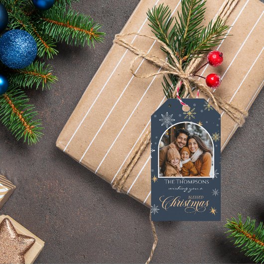 Moderne Winter Sneeuwvlokken Foto Marine Blauwe Ke Cadeaulabel