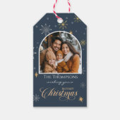 Moderne Winter Sneeuwvlokken Foto Marine Blauwe Ke Cadeaulabel (Voorkant)