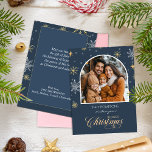 Moderne Winter Sneeuwvlokken Foto Marine Blauwe Ke Feestdagenkaart<br><div class="desc">Verspreid vakantie juichen met een aangepaste Photo Modern Holiday Greeting Kaart. Met je foto aan de voorkant omringd door winterse sneeuwvlokken en elegant script kerstgroet. Plaats uw foto op de kaart en schrijf uw eigen begroeting.</div>