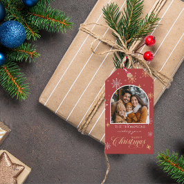 Moderne Winter Sneeuwvlokken Foto Rode Kerst Cadeaulabel