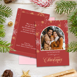 Moderne Winter Sneeuwvlokken Foto Rode Kerst Feestdagenkaart