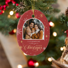 Moderne Winter Sneeuwvlokken Foto Rode Kerst Keramisch Ornament