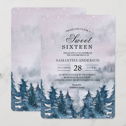 Moderne Winter Watercolour Bos Blauwe Uitnodiging (Voorkant / Achterkant)