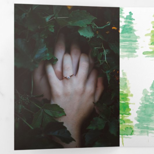 Moderne Winter Waterverf Dennenbomen Trouw Drieluik Uitnodiging (Binnenzijde eerst)