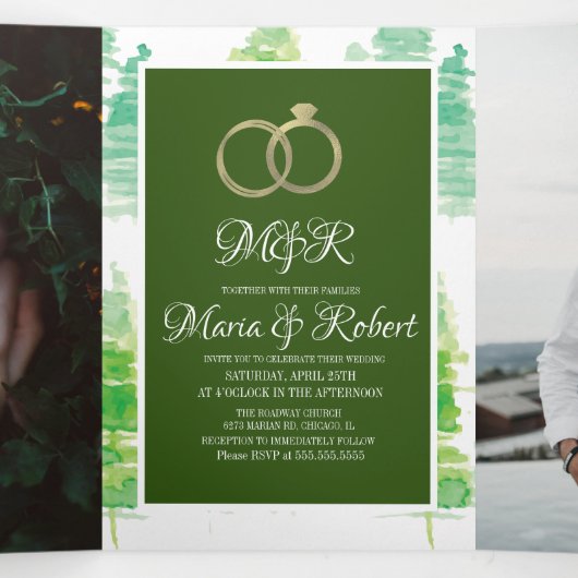 Moderne Winter Waterverf Dennenbomen Trouwdag Drieluik Uitnodiging (Binnenkant midden)