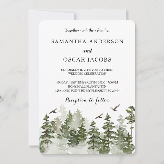 Moderne winter waterverf groen bos met sneeuw kaart (Voorkant)