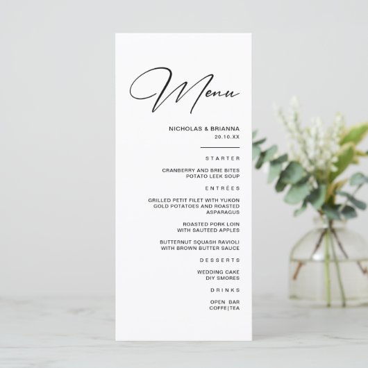 Moderne winter zwart-wit bruiloft menu (Staand voorkant)