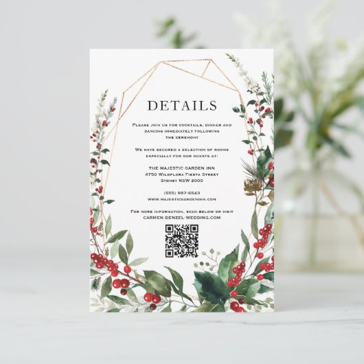 Moderne winterbessen groen bruiloft details informatiekaartje (Staand voorkant)