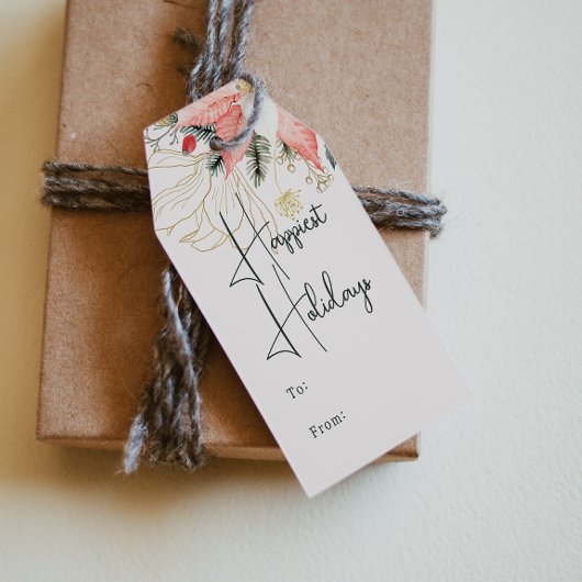 Moderne winterbloemengelukkigste Feestdagen van en Cadeaulabel