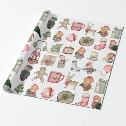 Moderne winterden groene boom en beer cadeaupapier (Uitgerold)