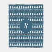 Moderne winterkerstboompatroonmonogram blauw fleece deken (Voorkant)