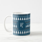 Moderne winterkerstboompatroonmonogram blauw koffiemok (Links)