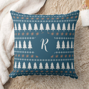 Moderne winterkerstboompatroonmonogram blauw kussen