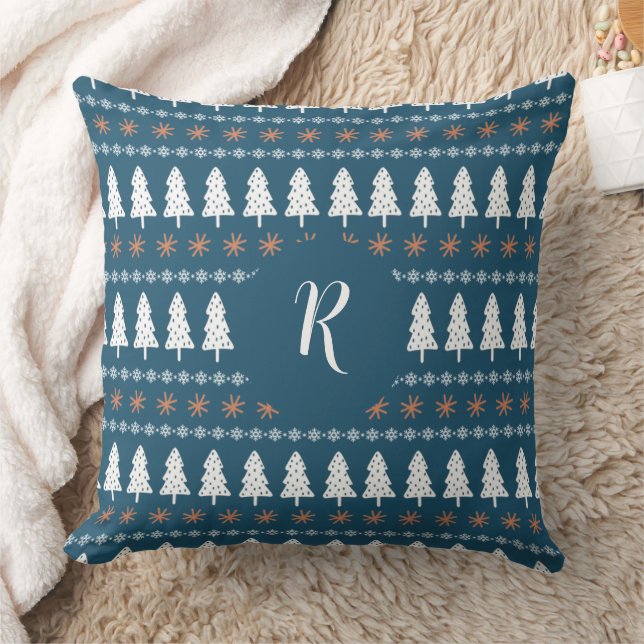 Moderne winterkerstboompatroonmonogram blauw kussen (Deken)