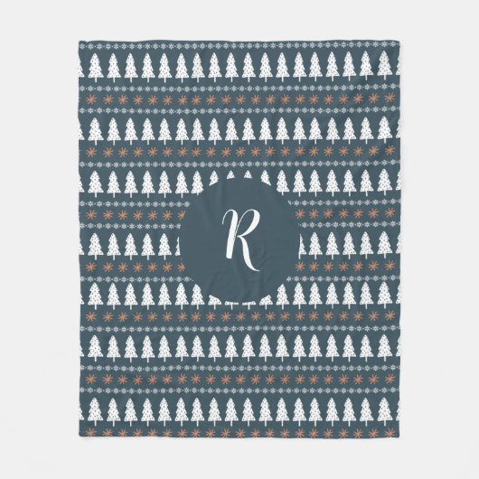Moderne winterkerstboompatroonmonogram grijs fleece deken (Voorkant)