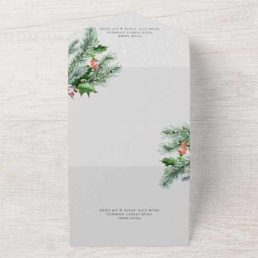 Moderne winterpijnbessen en sneeuwgrijs diner all in one uitnodiging (Buitenkant)