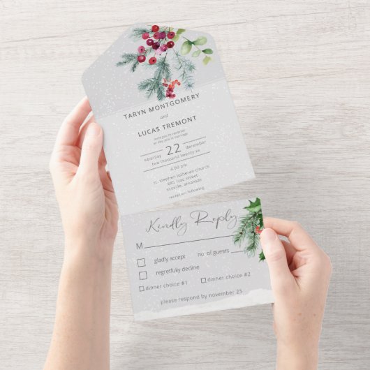 Moderne winterpijnbessen en sneeuwgrijs diner all in one uitnodiging (Afscheurbaar)