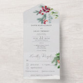 Moderne winterpijnbessen en sneeuwgrijs diner all in one uitnodiging (Binnen)