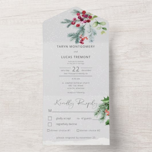 Moderne winterpijnbessen en sneeuwgrijs diner all in one uitnodiging (Binnen)