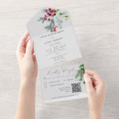 Moderne winterpijnenbessen en sneeuwgrijze QR-code All In One Uitnodiging (Afscheurbaar)