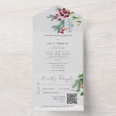 Moderne winterpijnenbessen en sneeuwgrijze QR-code All In One Uitnodiging (Binnen)