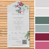 Moderne winterpijnenbessen en sneeuwgrijze QR-code All In One Uitnodiging