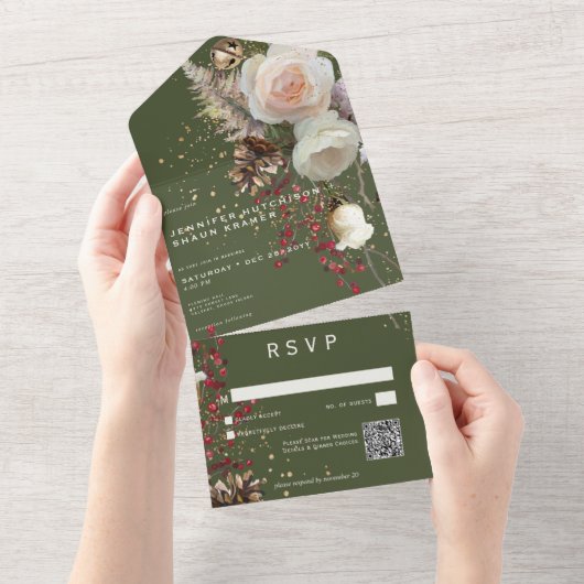 Moderne Winterrozen & Rode Bessen Groen QR-code All In One Uitnodiging (Afscheurbaar)