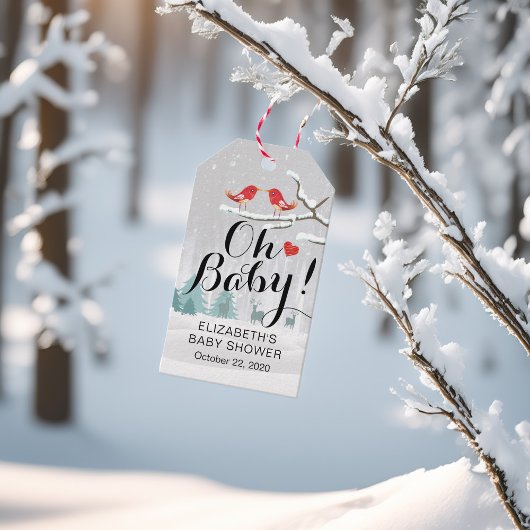 Moderne wintersneeuwscène in het Baby shower Cadeaulabel
