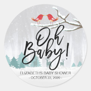 Moderne wintersneeuwscène in het Baby shower Ronde Sticker