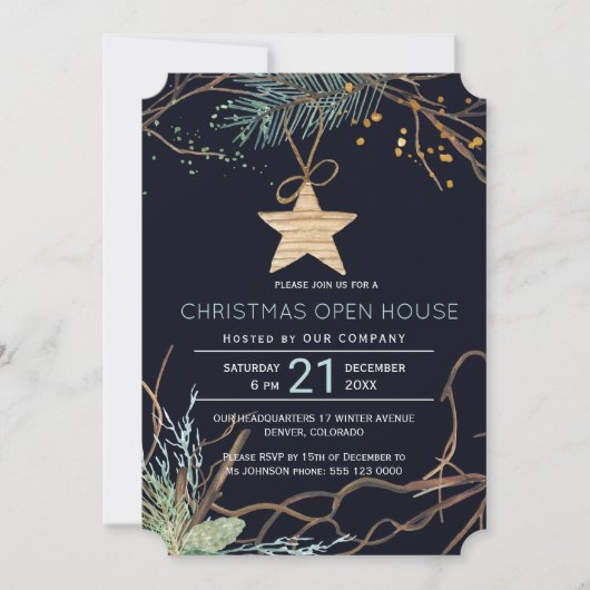 Moderne wintertakken kerst open huis kaart (Voorkant)