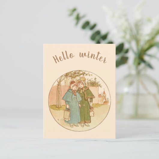 Moderne wintertuin meisje met jas briefkaart (Staand voorkant)