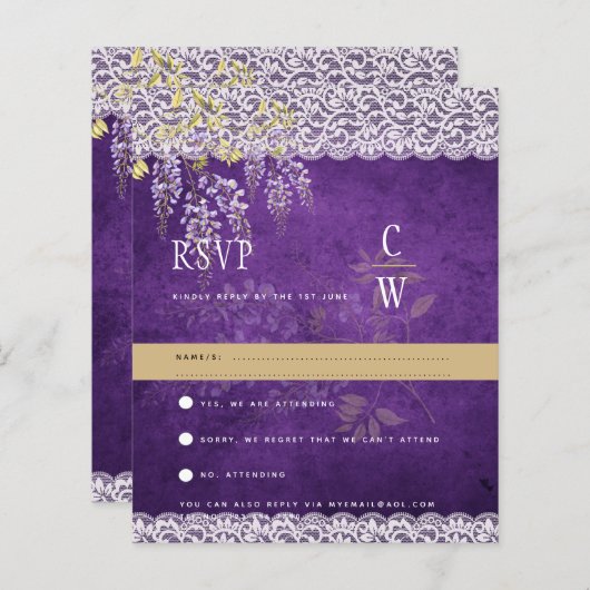  moderne Wisteria Lace Paars Wedding RSVP (Voorkant / Achterkant)