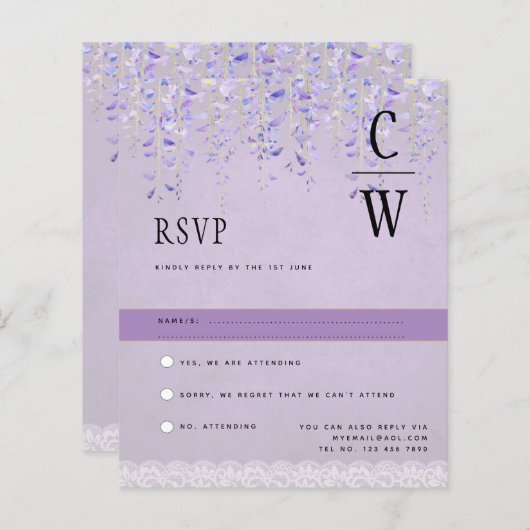  moderne Wisteria Lace Paars Wedding RSVP (Voorkant / Achterkant)