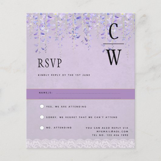  moderne Wisteria Lace Paars Wedding RSVP (Voorkant)