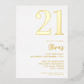 Moderne Wit en Goud Elegant 21e Verjaardag Folie Uitnodiging (Voorkant)