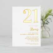 Moderne Wit en Goud Elegant 21e Verjaardag Folie Uitnodiging (Staand Voorkant)