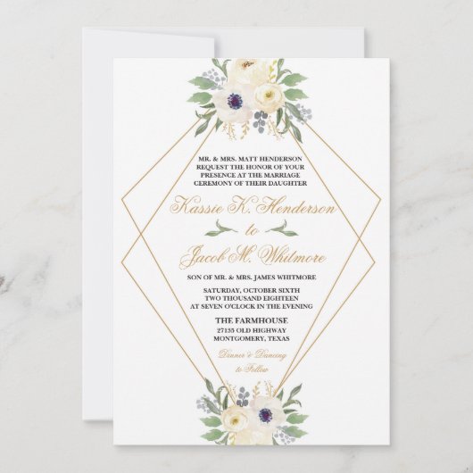 Moderne Wit en Goud Geometrische Bloemen Uitnodigi Kaart (Voorkant)