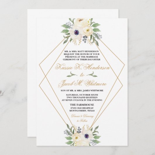 Moderne Wit en Goud Geometrische Bloemen Uitnodigi Kaart (Voorkant / Achterkant)