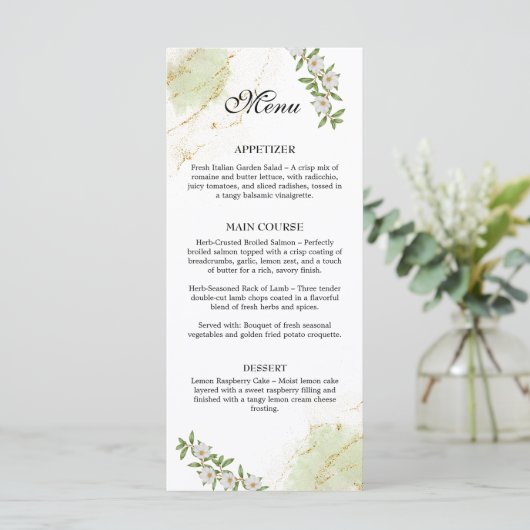 Moderne Wit en Groen Water Kleur Bloemen Wedding Menu (Staand voorkant)