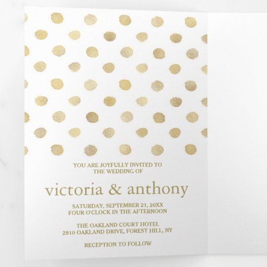 Moderne Wit & Goud Polka Dots Bruiloft Suite Drieluik Uitnodiging (Binnenzijde eerst)