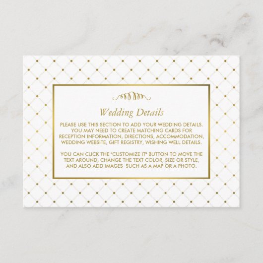 Moderne Wit & Gouden Folie Effect Bruiloft Details Informatiekaartje (Voorkant)