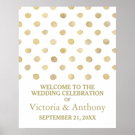 Moderne Wit & Gouden Polka Dots Bruiloft Welkom Poster (Voorkant)