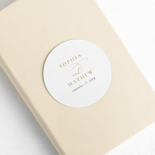 Moderne witgouden kalligrafie bruiloft ronde sticker