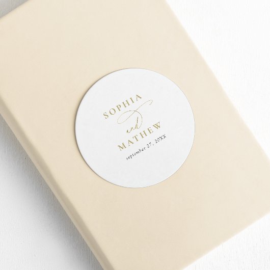 Moderne witgouden kalligrafie bruiloft ronde sticker
