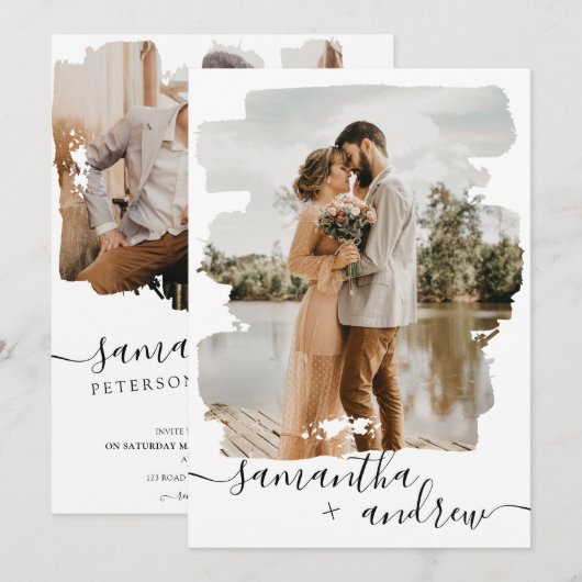 Moderne witpenseelscript 2 foto's bruiloft kaart (Voorkant / Achterkant)